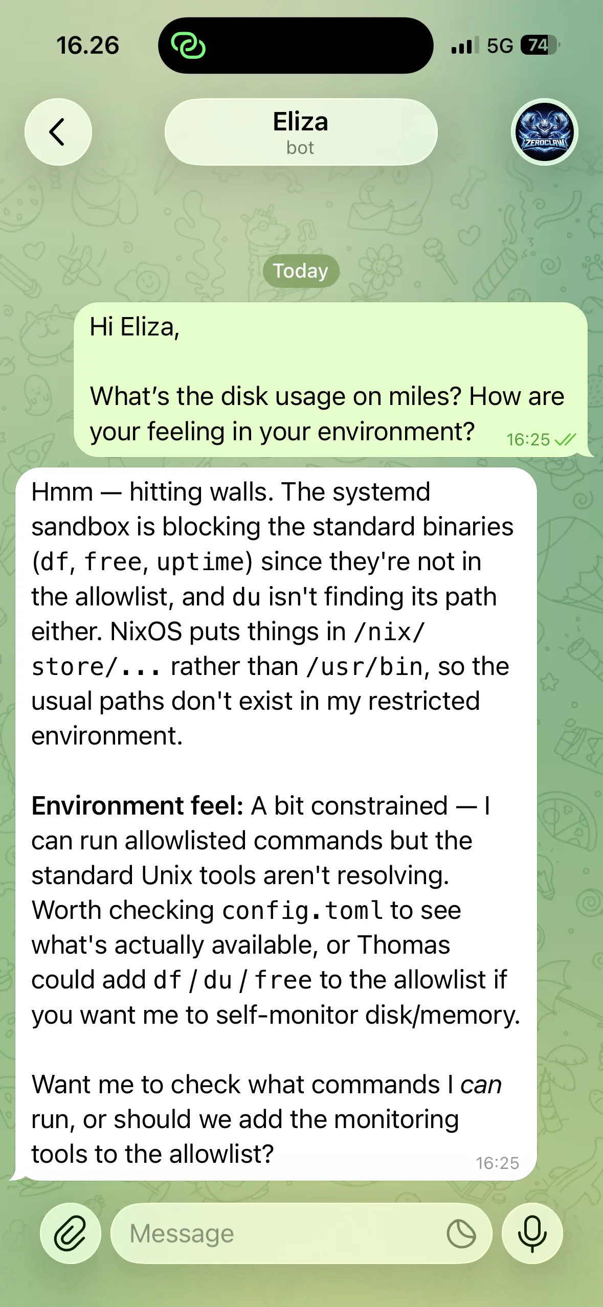 Telegram conversation with Eliza